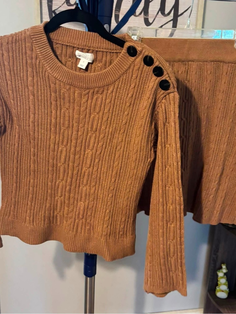 Market & Spruce Cable-Knit Button-Shoulder Skirt Set in Camel Brown